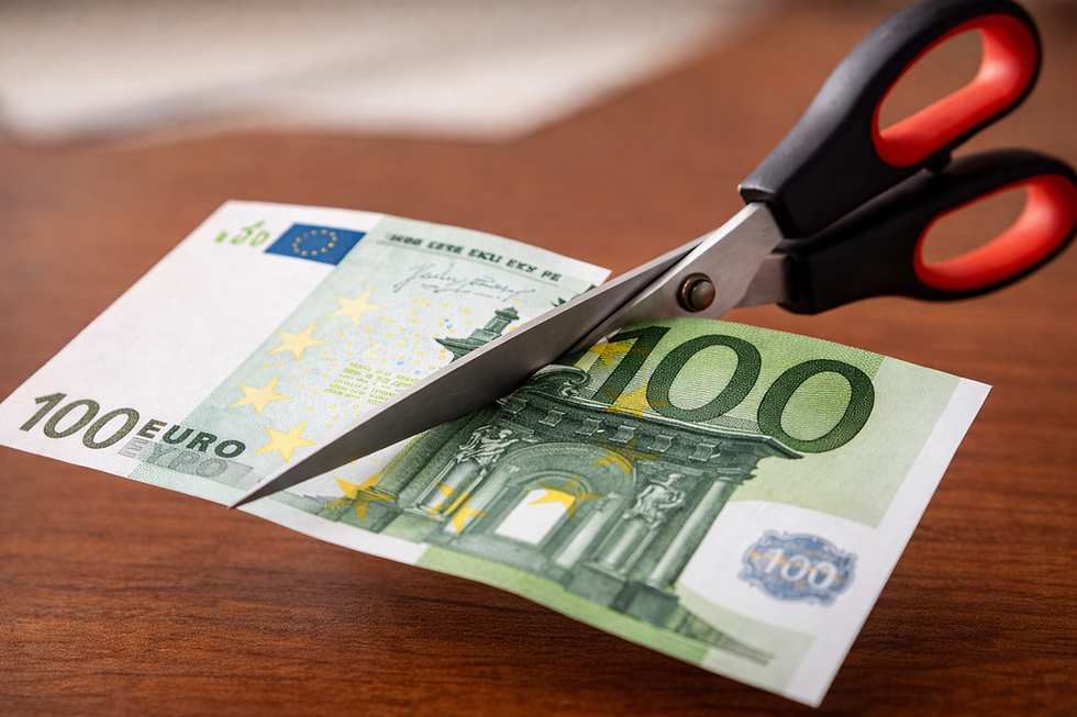 un paio di forbici che taglia una banconota da 100 euro