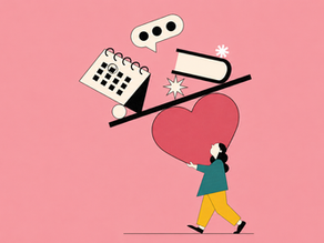 An illustration of a woman balancing work-related items on a scale, beneath which is a heart shape.