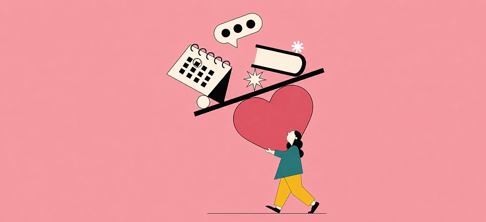 An illustration of a woman balancing work-related items on a scale, beneath which is a heart shape.
