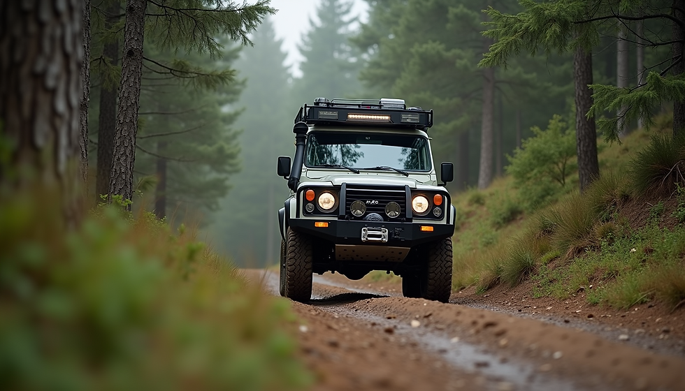 Eye-level view of a 4x4 vehicle parked beside a serene lake with mountains in the background