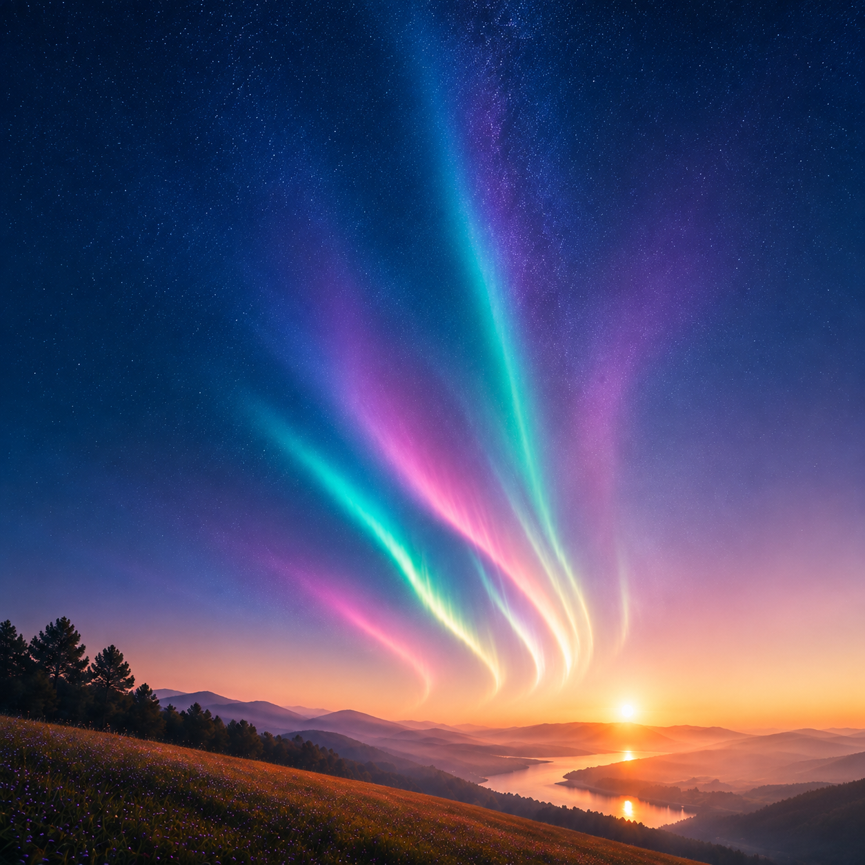 Aurora lights rising over hills and a river at sunrise