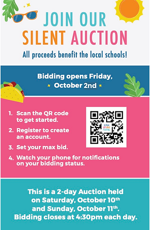 This is a graphic image detailing information about the silent auction at when bidding starts.