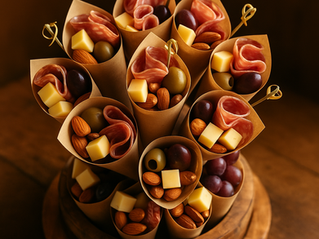 Charcuterie Cone Tower—complete with savory meats, cheeses, olives, and nuts artfully arranged on a rustic board.