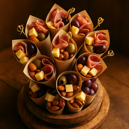 Charcuterie Cone Tower—complete with savory meats, cheeses, olives, and nuts artfully arranged on a rustic board.