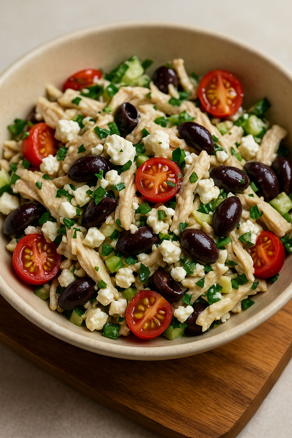 Mediterranean Feta & Olive Chicken Salad with tasteful olives, crumbled feta, fresh oregano, mouthwatering sun-dried tomatoes, and light cucumbers.