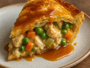 Miso-Caramel Chicken Pot Pie, showing the flaky crust, creamy filling, and miso-caramel drizzle.