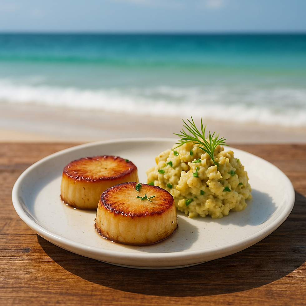 King Oyster Mushroom “Scallops” + Chickpea “Tuna” & Seaweed Salad