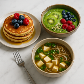 Buttermilk pancakes with berries, berry-spinach smoothie bowl, and miso-ginger soba soup.