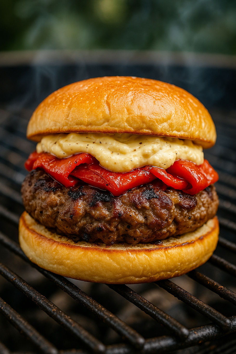 Mediterranean Lamb Burger with Creamy Hummus & Roasted Red Peppers
