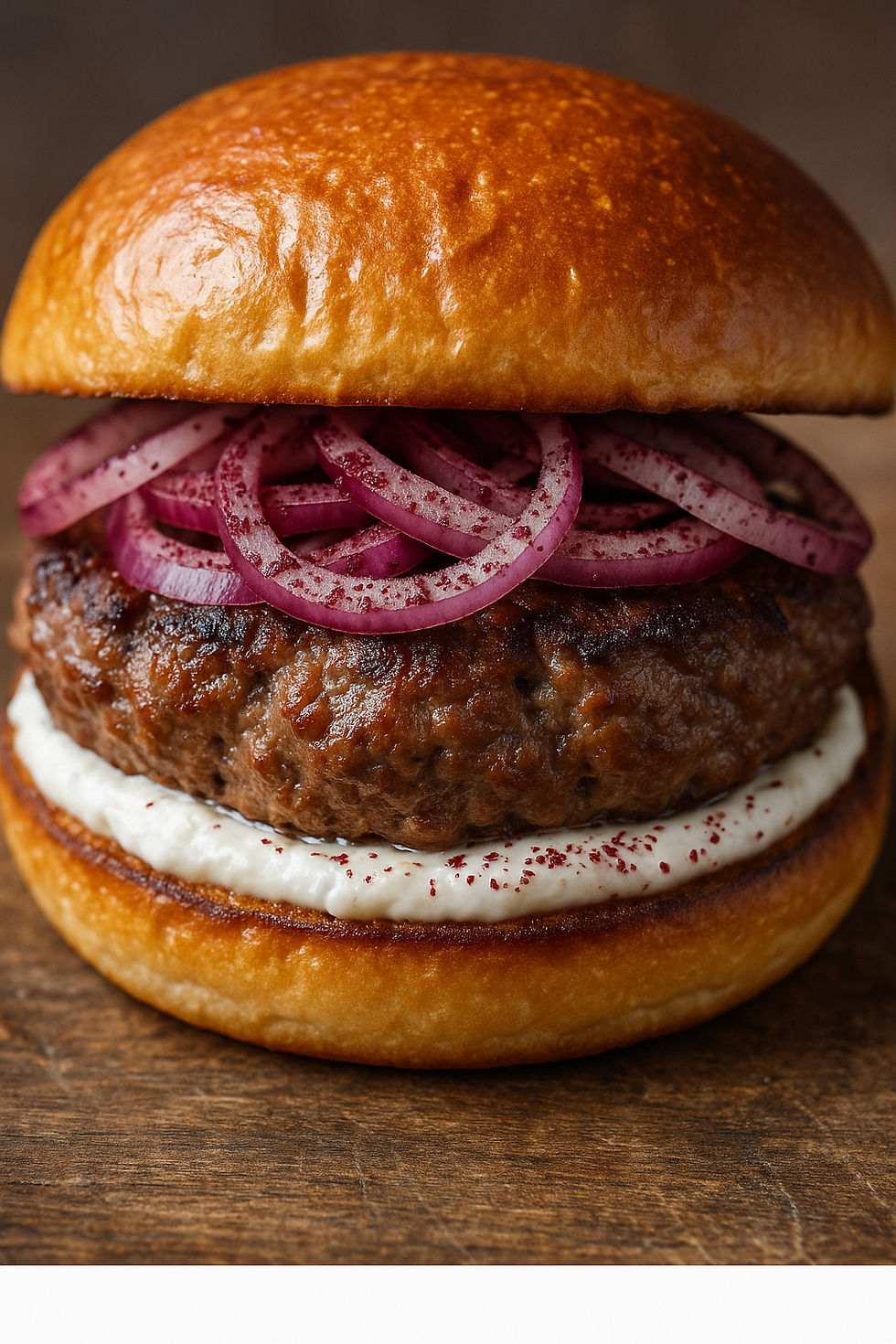 Lebanese Lamb Burger with Sumac Onions and Labneh