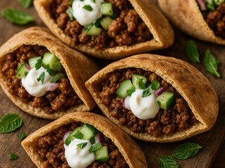 Spicy, smoky harissa elevates ground lamb, while cooling yogurt and crisp veggies balance the heat.