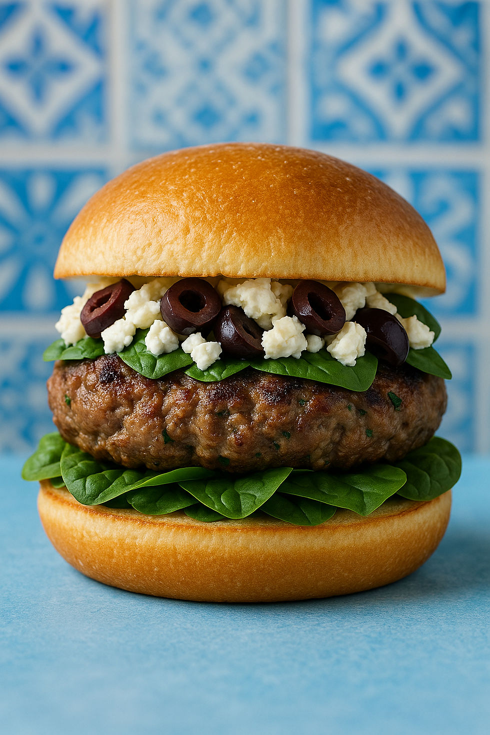 Greek-Style Lamb Burger with Spinach, Feta & Olives