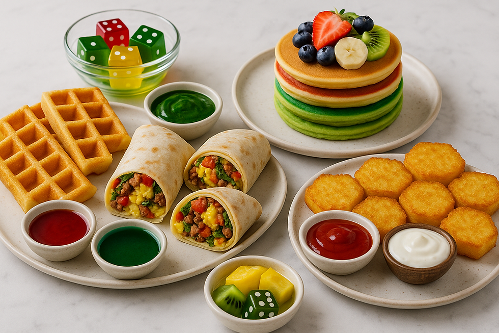 “Ticket to Ride” waffle sticks with colored syrups, “Risk” breakfast burritos, “Settlers of Catan” hex-hash browns, “Monopoly” money pancakes, and dice-shaped fruit gelatin cubes.