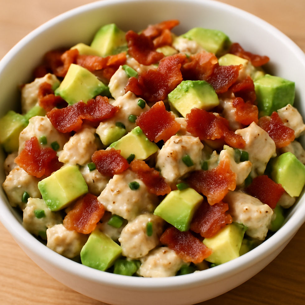 Avocado Bacon & Ranch Chicken Salad with ripe chunks of avocado and crispy bacon pieces.