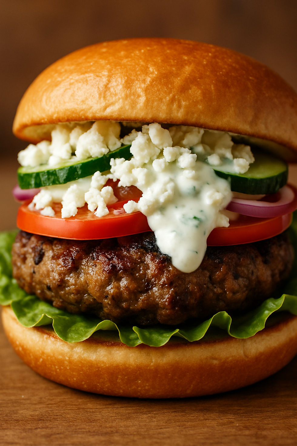 Classic Greek Lamb Burger with Tzatziki and Feta