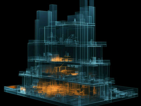 Transparent 3D building model with blue outlines and orange highlights, showcasing inner structures on a black background by Craftertech Solutions, India