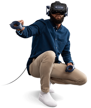 homme qui utilise un casque de réalité virtuelle htc vive pro 2