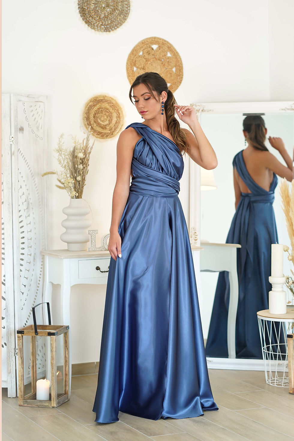 Thumbnail: AMBRE l Midnight blue multi-position satin ceremony dress