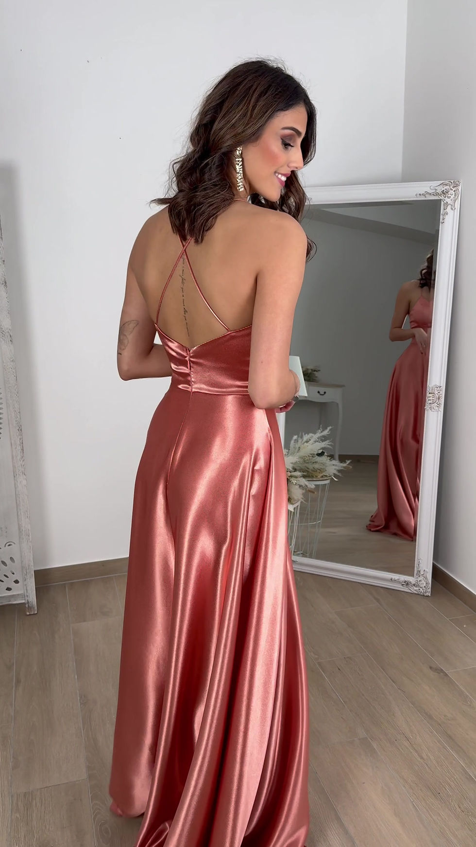 Miniature : DORIANE ∣ Robe de cérémonie longue en satin corail/pêche