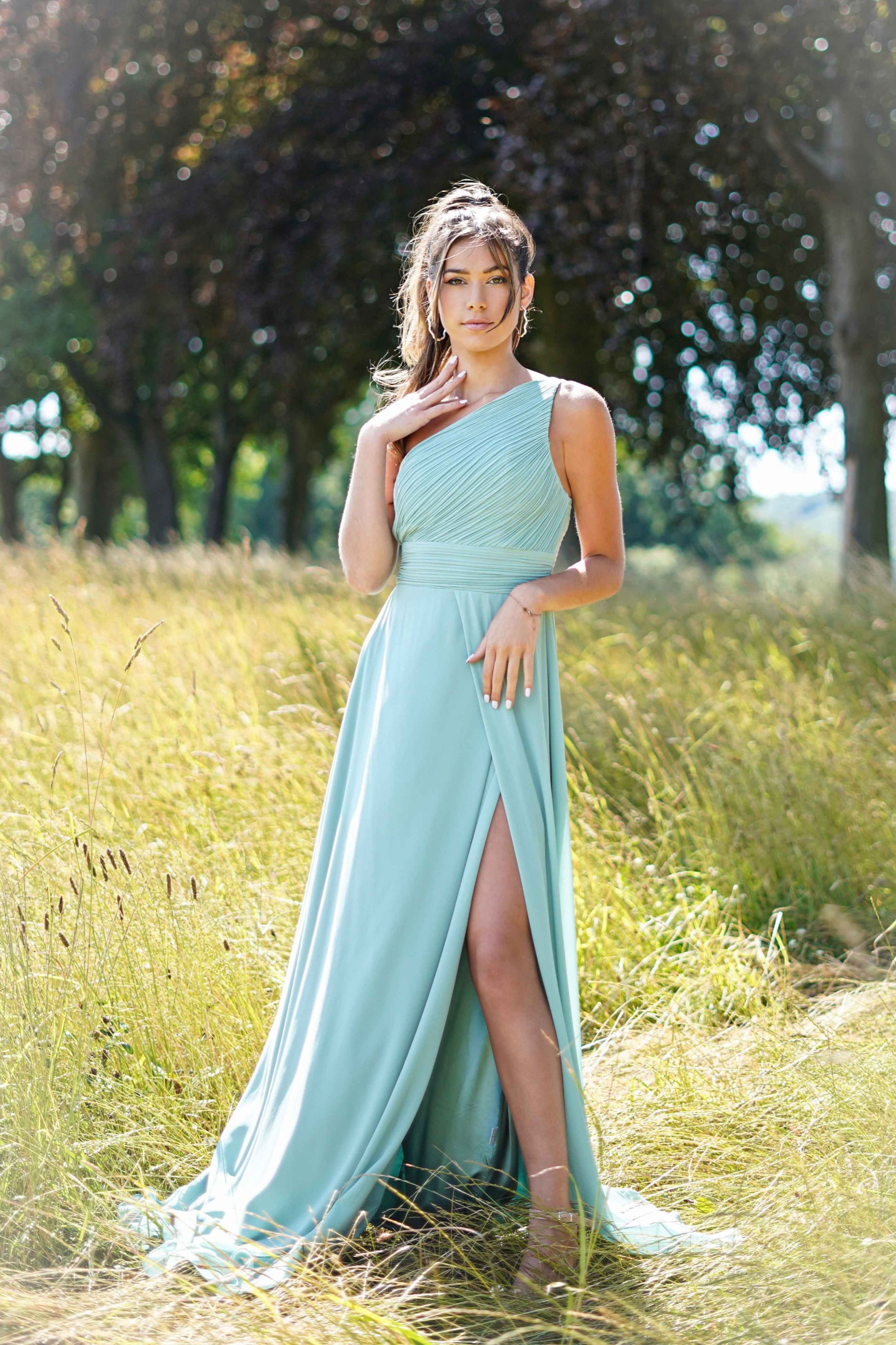 TRACY l Sage green slit formal dress