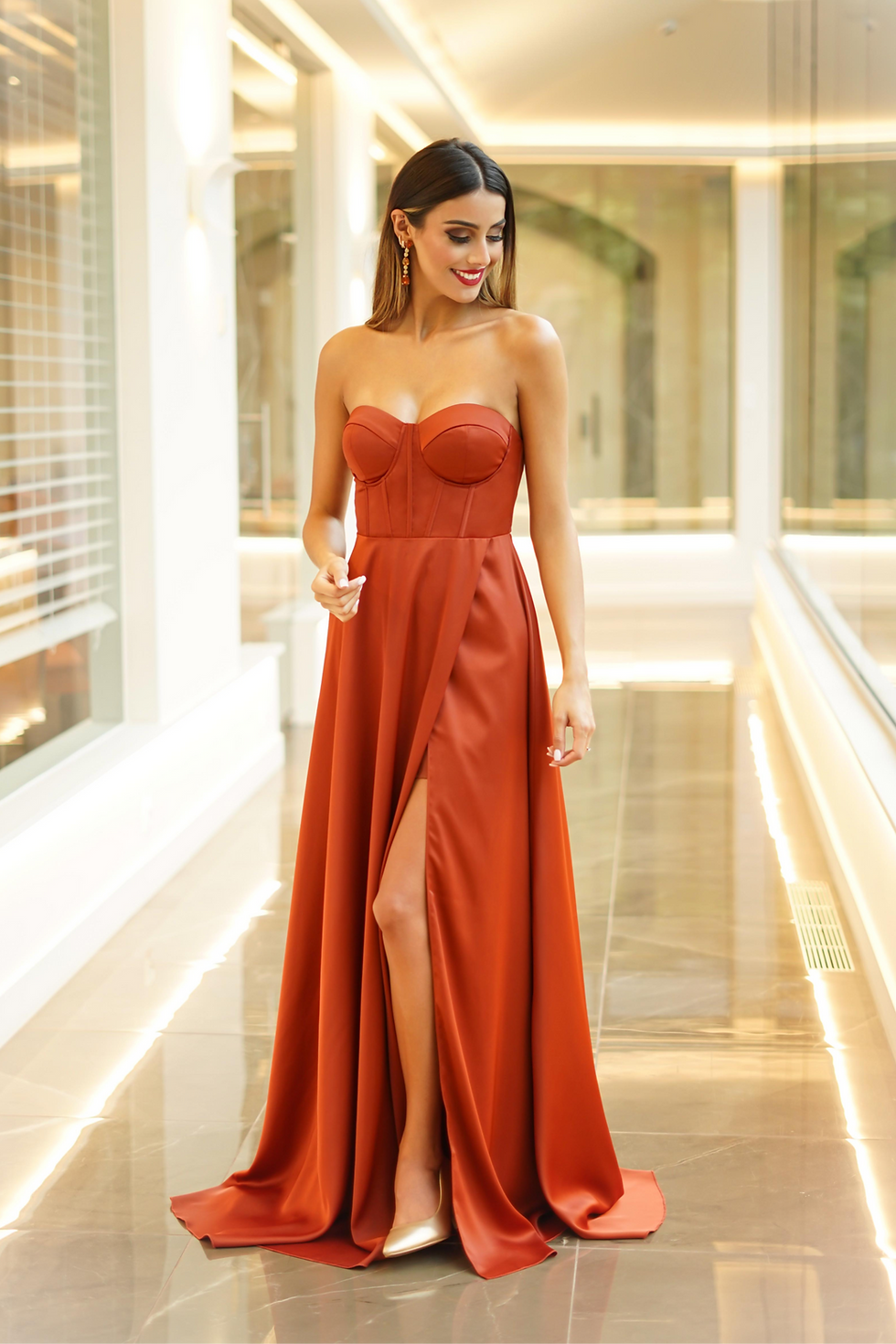 EMMA l Long terracotta satin slit dress
