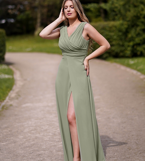 Robe De Cocktail Style Grecque - Couleur Marron Olive - Taille 2 - Occasion Très Bon État