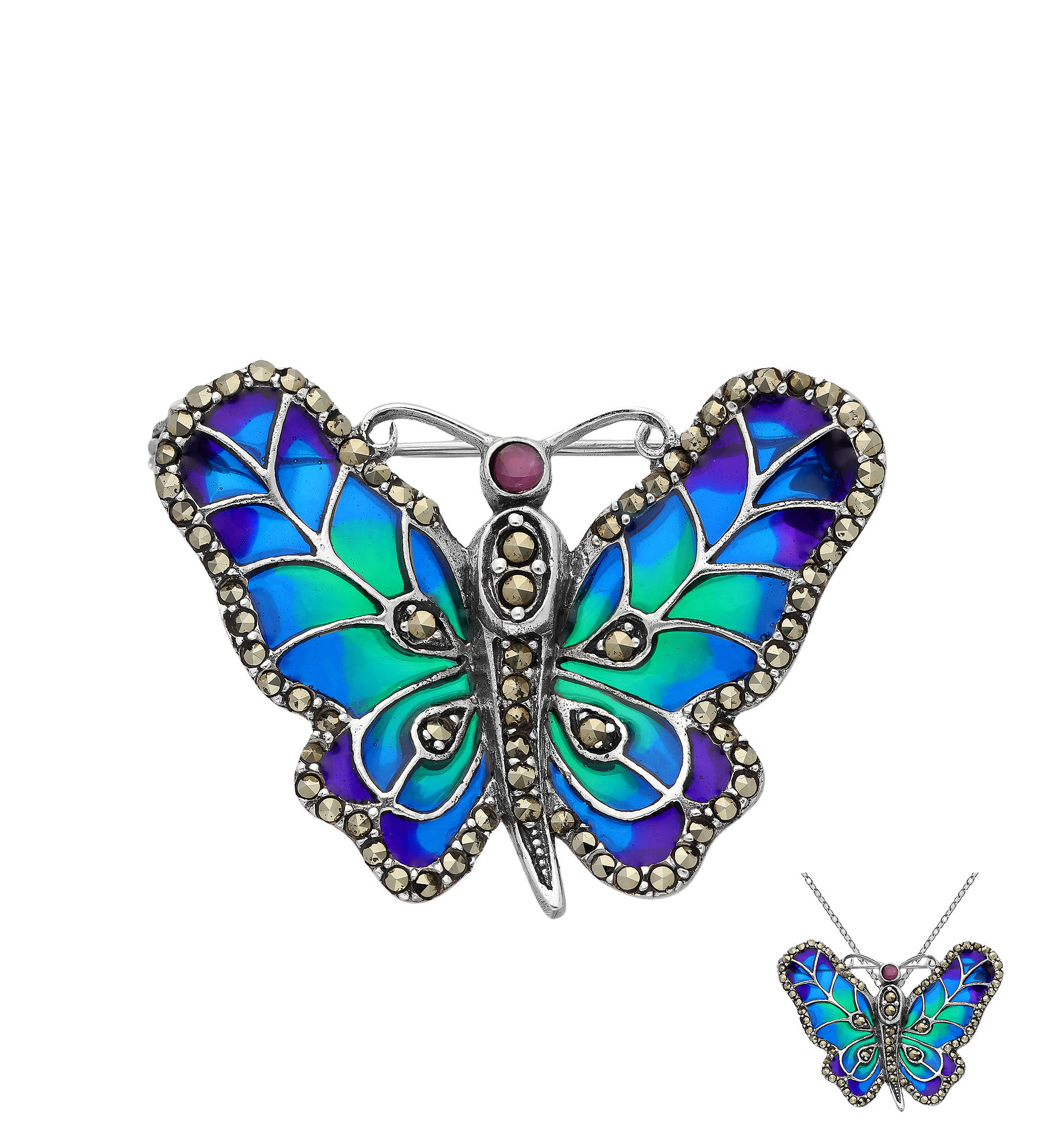 Brooch .925 Silver #2049 - Swiss Marcasite/Resin/Ruby