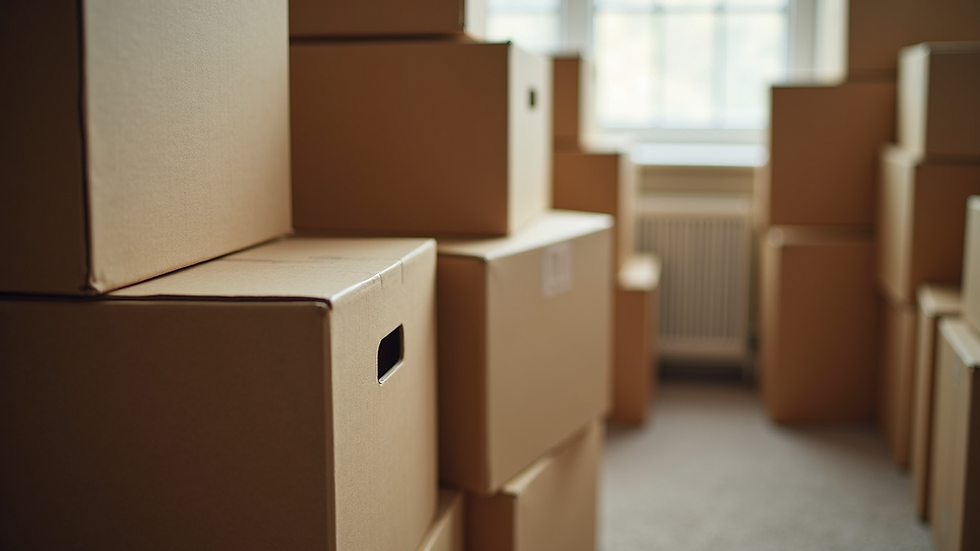 Close-up view of neatly packed moving boxes stacked in a dorm room