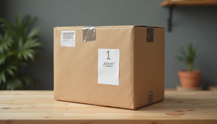Eye-level view of a large cardboard box with shipping labels on a table
