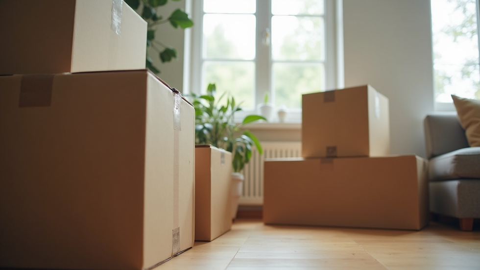 Eye-level view of packed moving boxes stacked in a living room corner