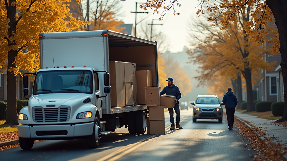 Close-up view of a moving truck parked near Squire Hill apartments with movers loading furniture