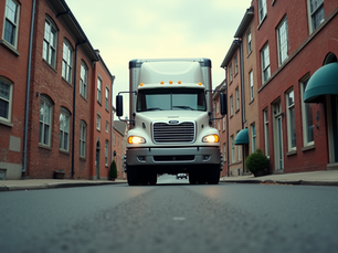 CampusHaul moving truck navigating a narrow street in Blacksburg, Virginia