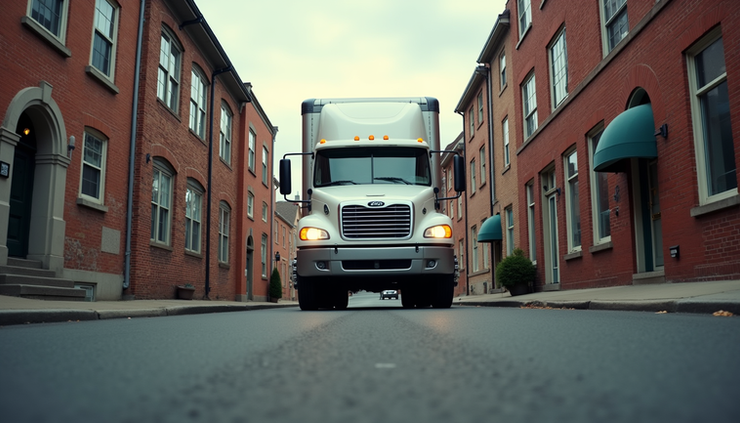 Eye-level view of a moving truck parked on a narrow street in a Virginia college town