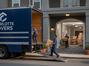 Eye-level view of a moving truck parked outside a Charlotte apartment building