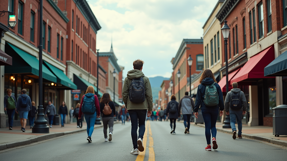 Wide angle view of a busy street in downtown Blacksburg with students walking