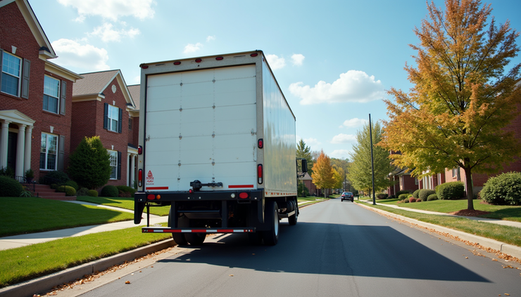 Eye-level view of a CampusHaul moving truck parked in a Bedford neighborhood