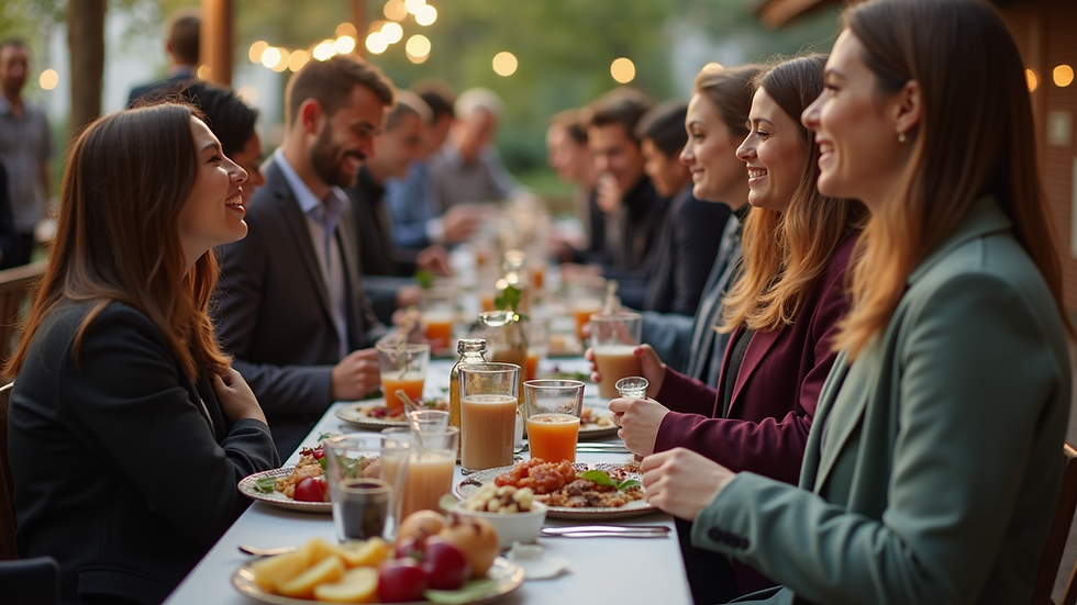 High angle view of a community gathering with refreshments and networking