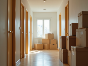 Campus hallway with neatly stacked moving boxes