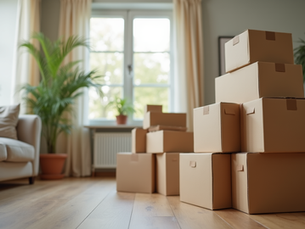 Eye-level view of packed moving boxes stacked in a living room