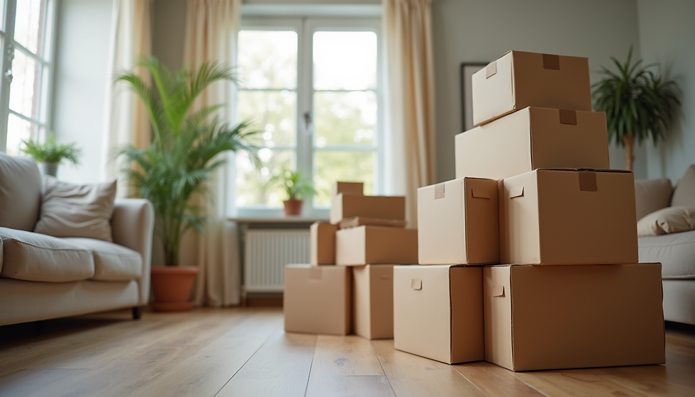 Eye-level view of packed moving boxes stacked in a living room