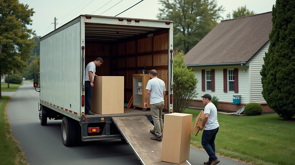 High angle view of a moving crew loading furniture into a truck in a Christiansburg neighborhood