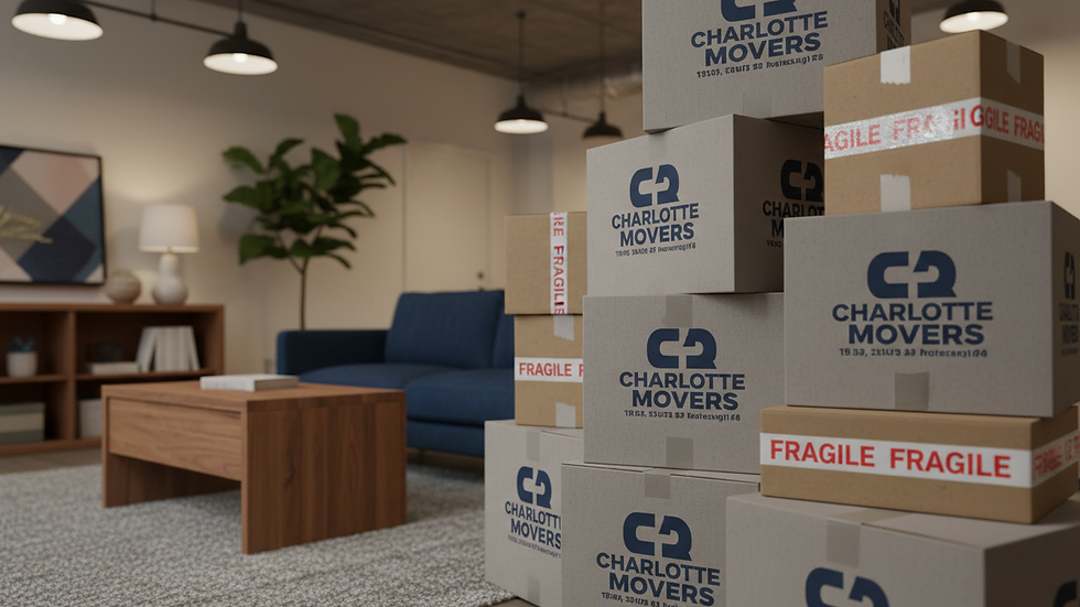 Close-up view of moving boxes stacked neatly in a Charlotte apartment living room