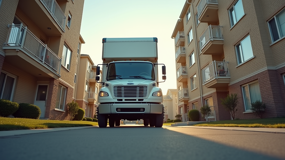 Eye-level view of a moving truck parked outside an apartment building