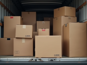 Eye-level view of a moving truck parked outside an apartment building