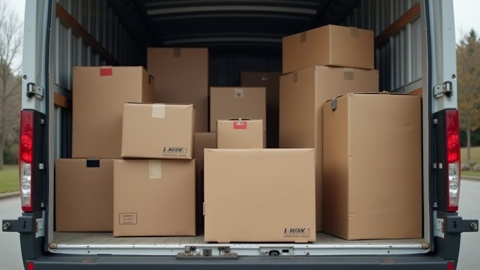 Eye-level view of a moving truck parked outside an apartment building