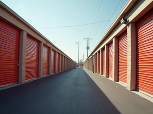 Eye-level view of a U-Haul self-storage facility with multiple storage units