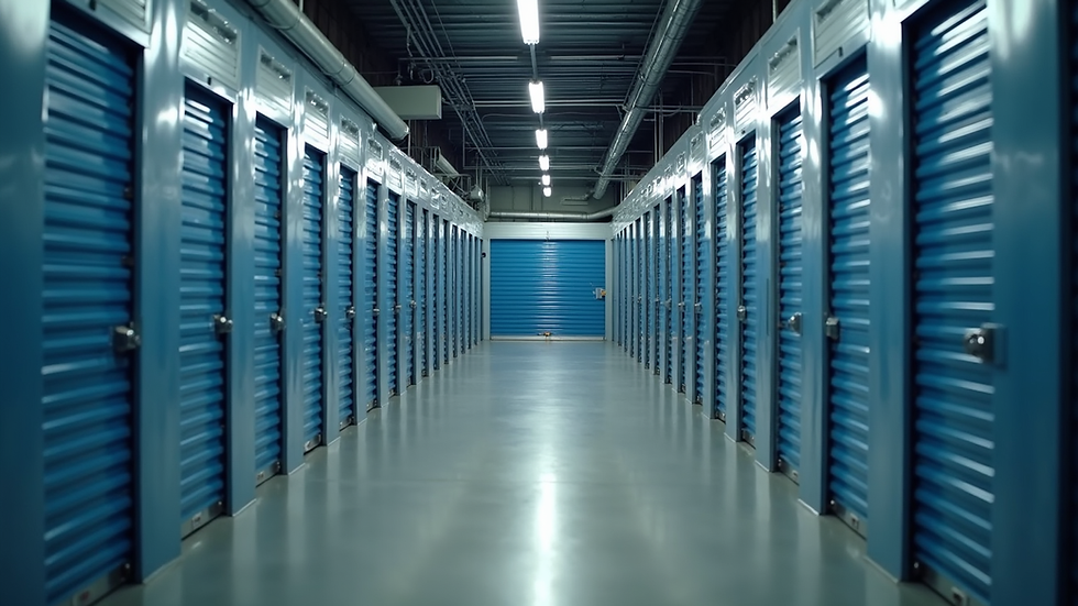 High angle view of a secure storage facility with multiple storage units