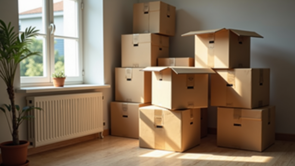 High angle view of packed moving boxes stacked neatly in a student apartment