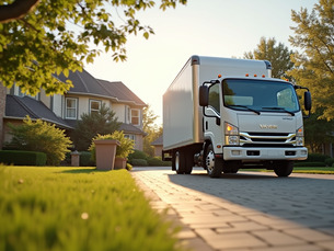 Eye-level view of a moving truck parked in front of a suburban home in a sunny neighborhood
