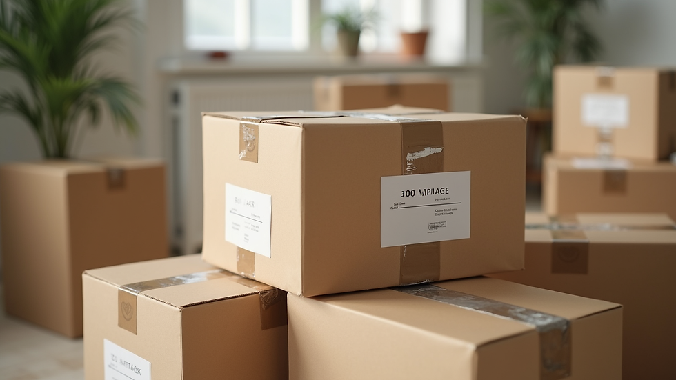 Close-up view of neatly packed moving boxes labeled and stacked